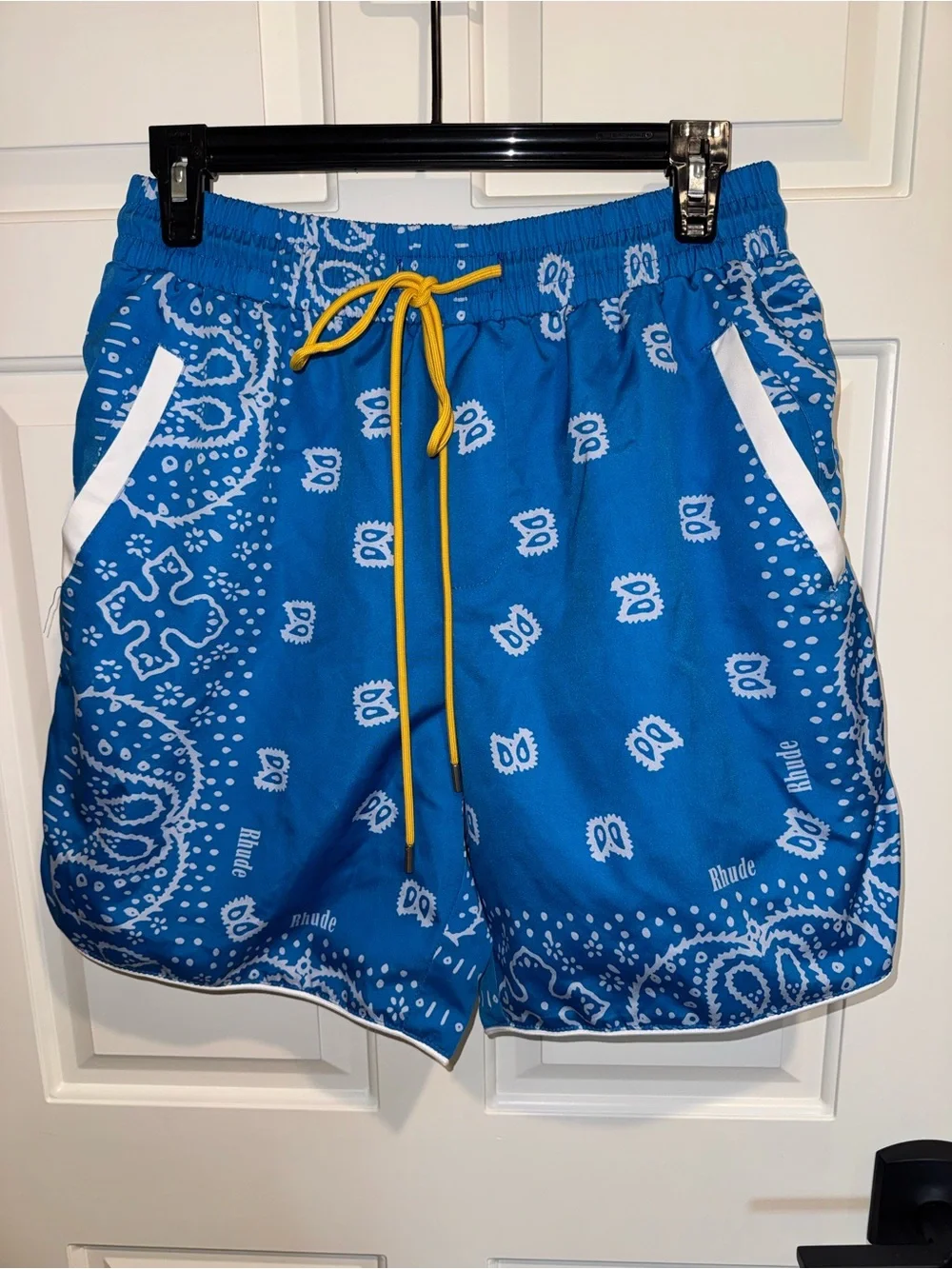 Rhude Blue Bandana-Print Swim Trunks with Yellow Drawstring